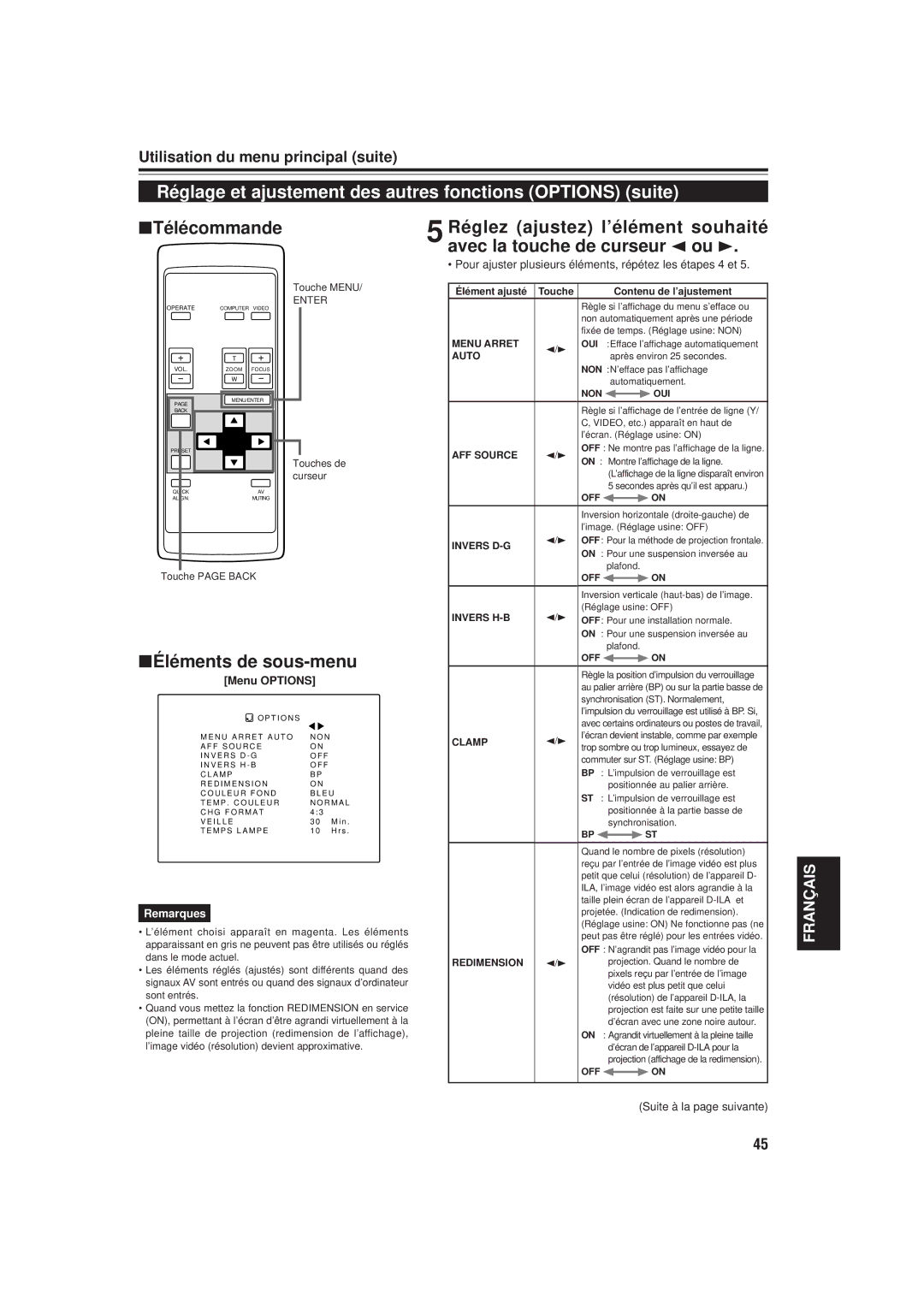 JVC DLA-M20U manual Réglage et ajustement des autres fonctions Options suite, Menu Options 