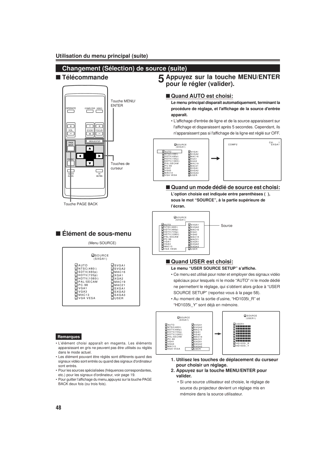 JVC DLA-M20U manual Changement Sélection de source suite, Appuyez sur la touche MENU/ENTER pour le régler valider 