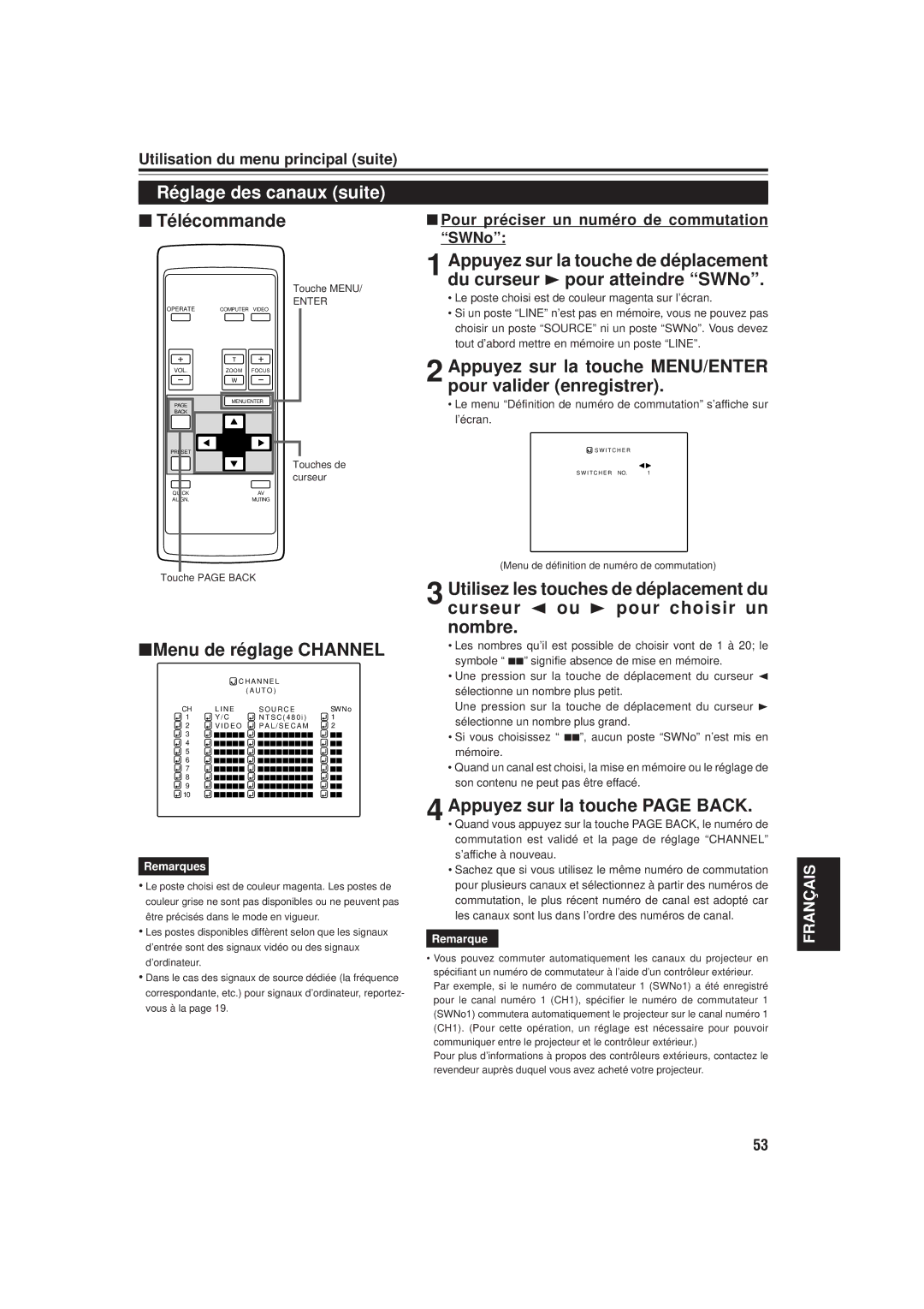 JVC DLA-M20U manual Appuyez sur la touche page Back, Pour préciser un numéro de commutation SWNo 