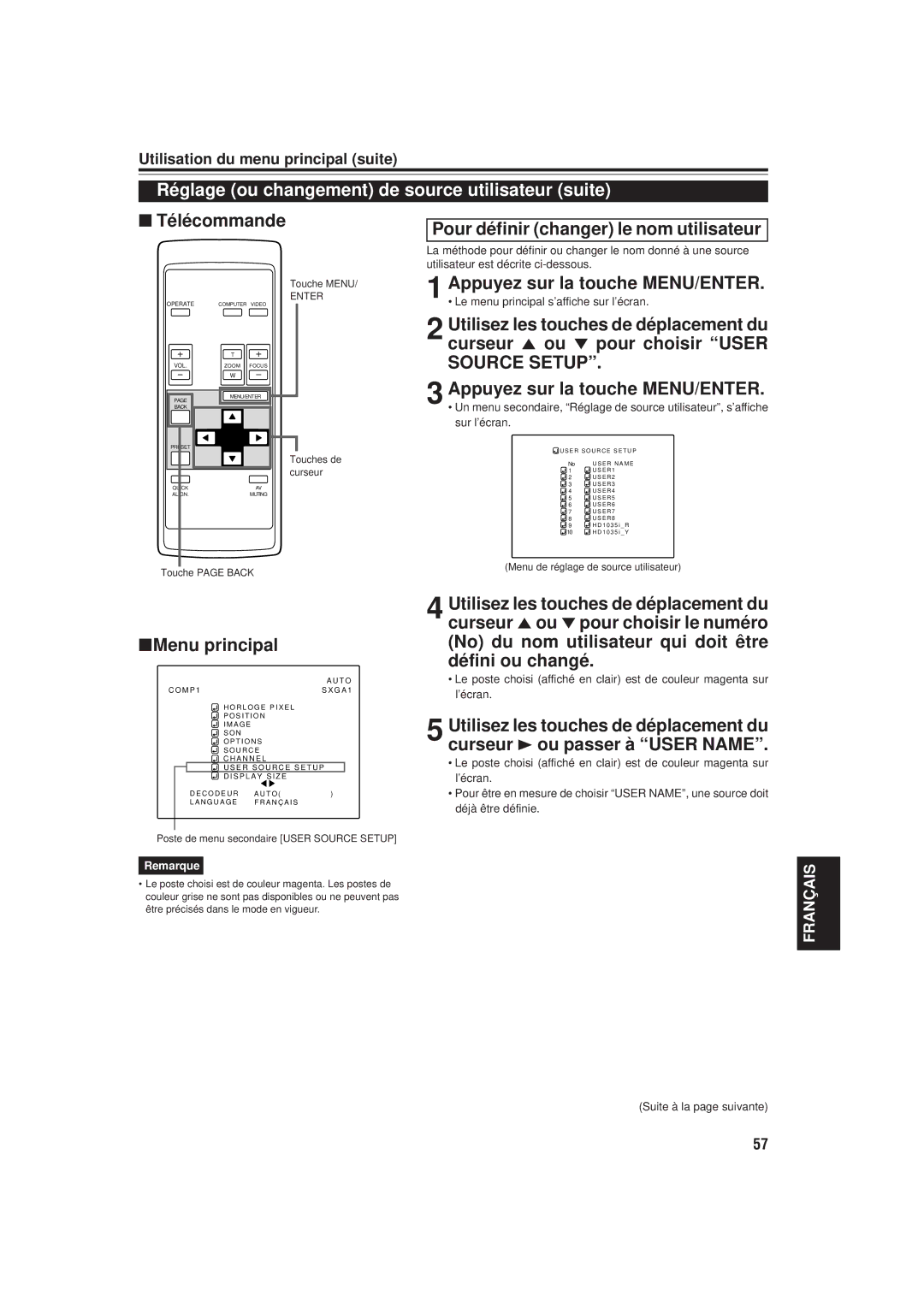 JVC DLA-M20U Réglage ou changement de source utilisateur suite, Curseur 5 ou pour choisir User, Sur l’écran, Touches de 