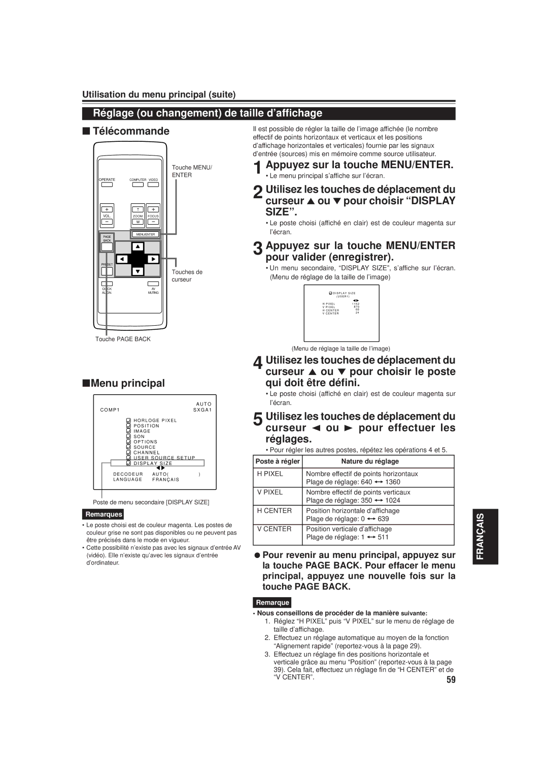 JVC DLA-M20U manual Réglage ou changement de taille d’affichage, Poste à régler Nature du réglage 