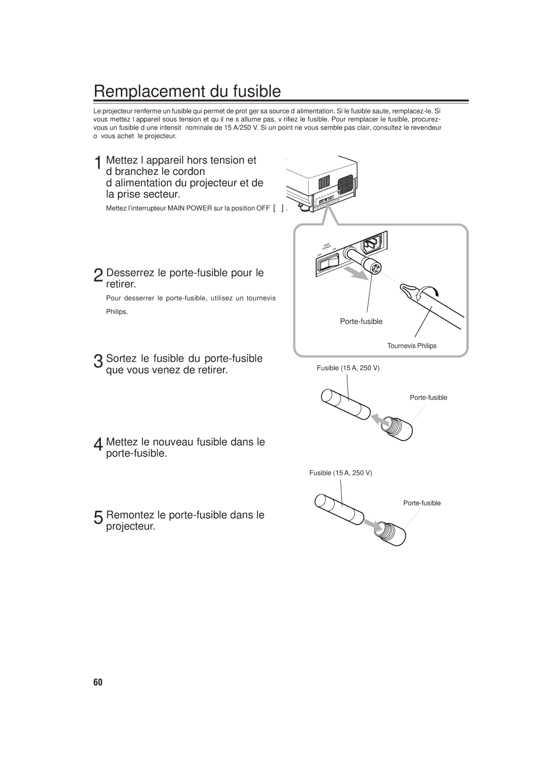 JVC DLA-M20U manual Remplacement du fusible, Mettez l’interrupteur Main Power sur la position OFF à 