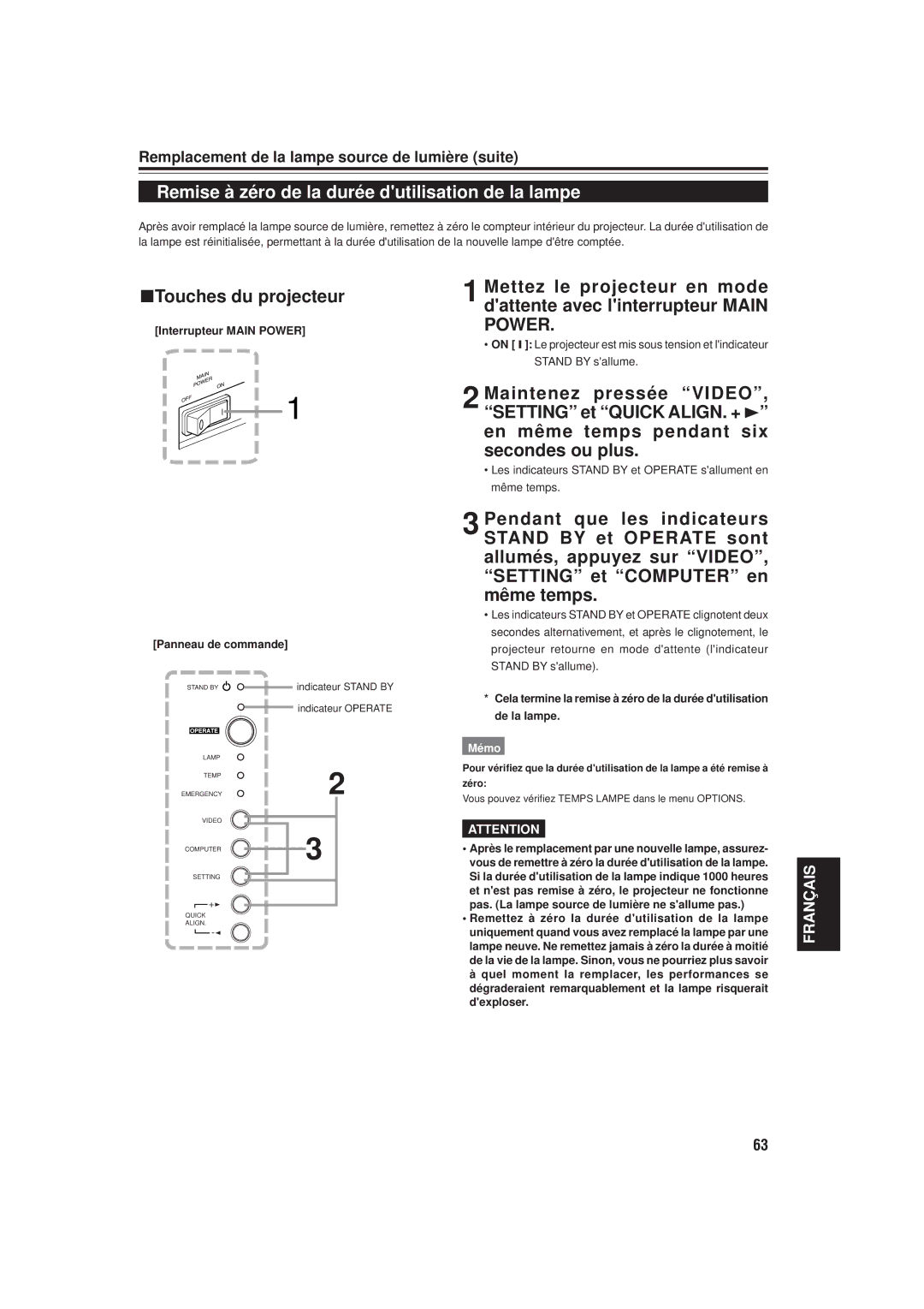 JVC DLA-M20U manual Remise à zéro de la durée dutilisation de la lampe, Touches du projecteur 