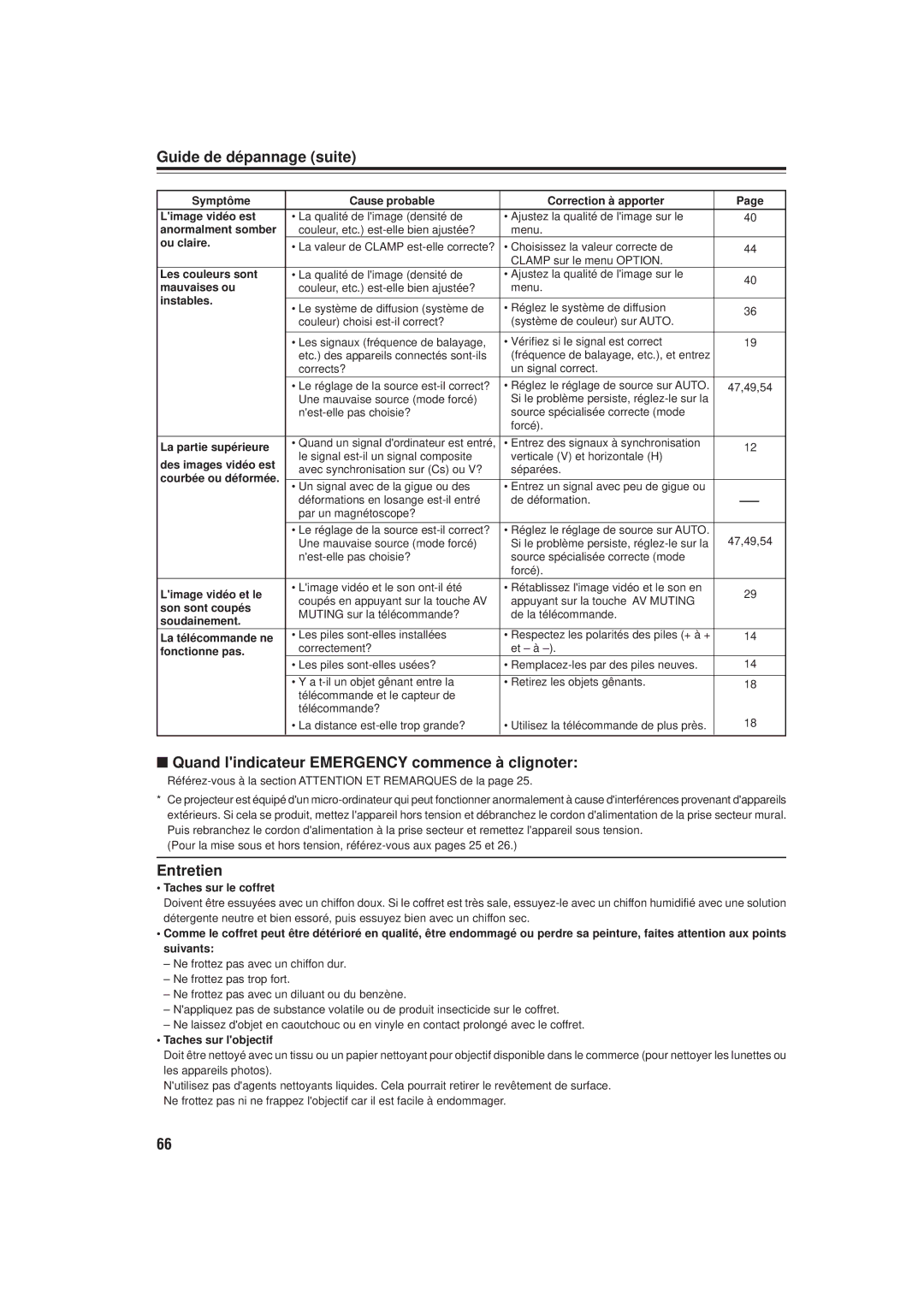 JVC DLA-M20U manual Guide de dépannage suite, Quand lindicateur Emergency commence à clignoter, Entretien 