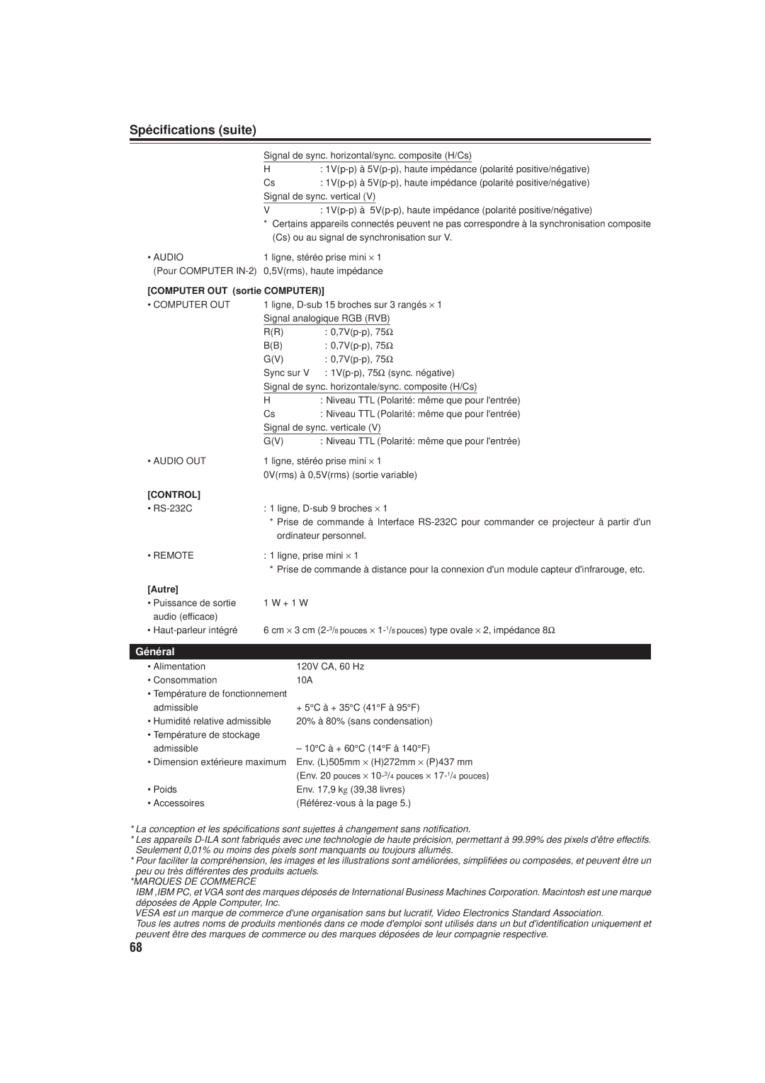 JVC DLA-M20U manual Spécifications suite, Computer OUT sortie Computer, Autre 