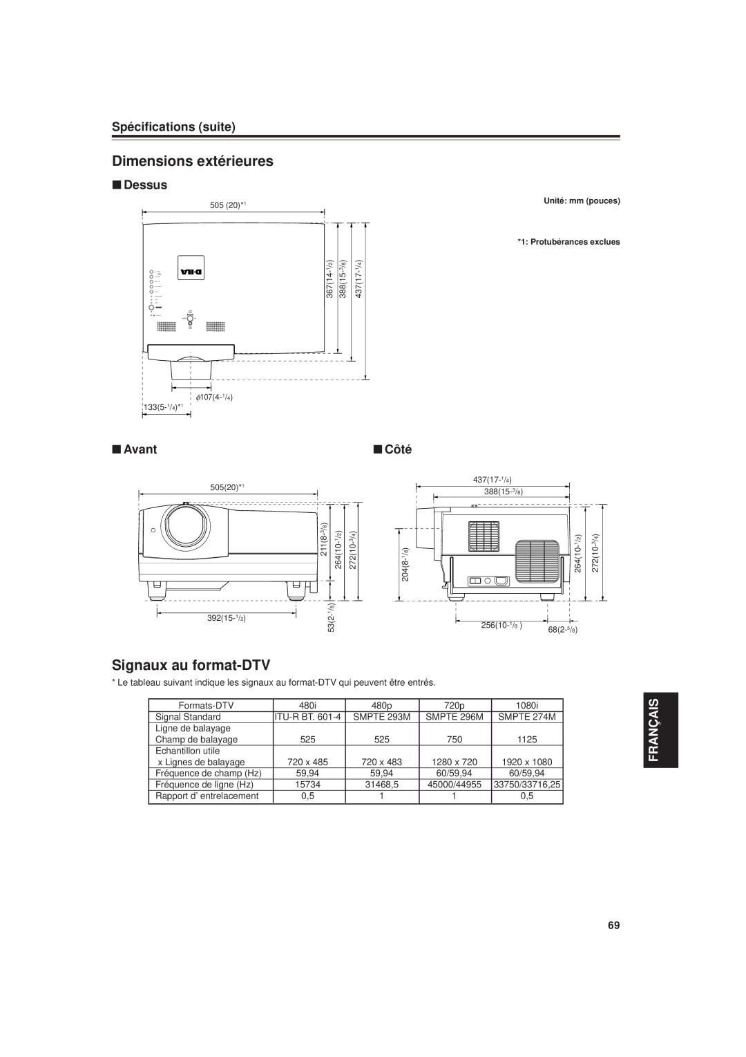 JVC DLA-M20U manual Dimensions extérieures, Signaux au format-DTV, Dessus, Avant, Côté 