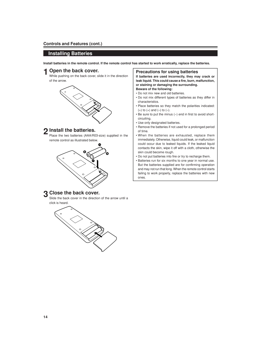 JVC DLA-M20U manual Installing Batteries, Open the back cover, Install the batteries, Close the back cover 