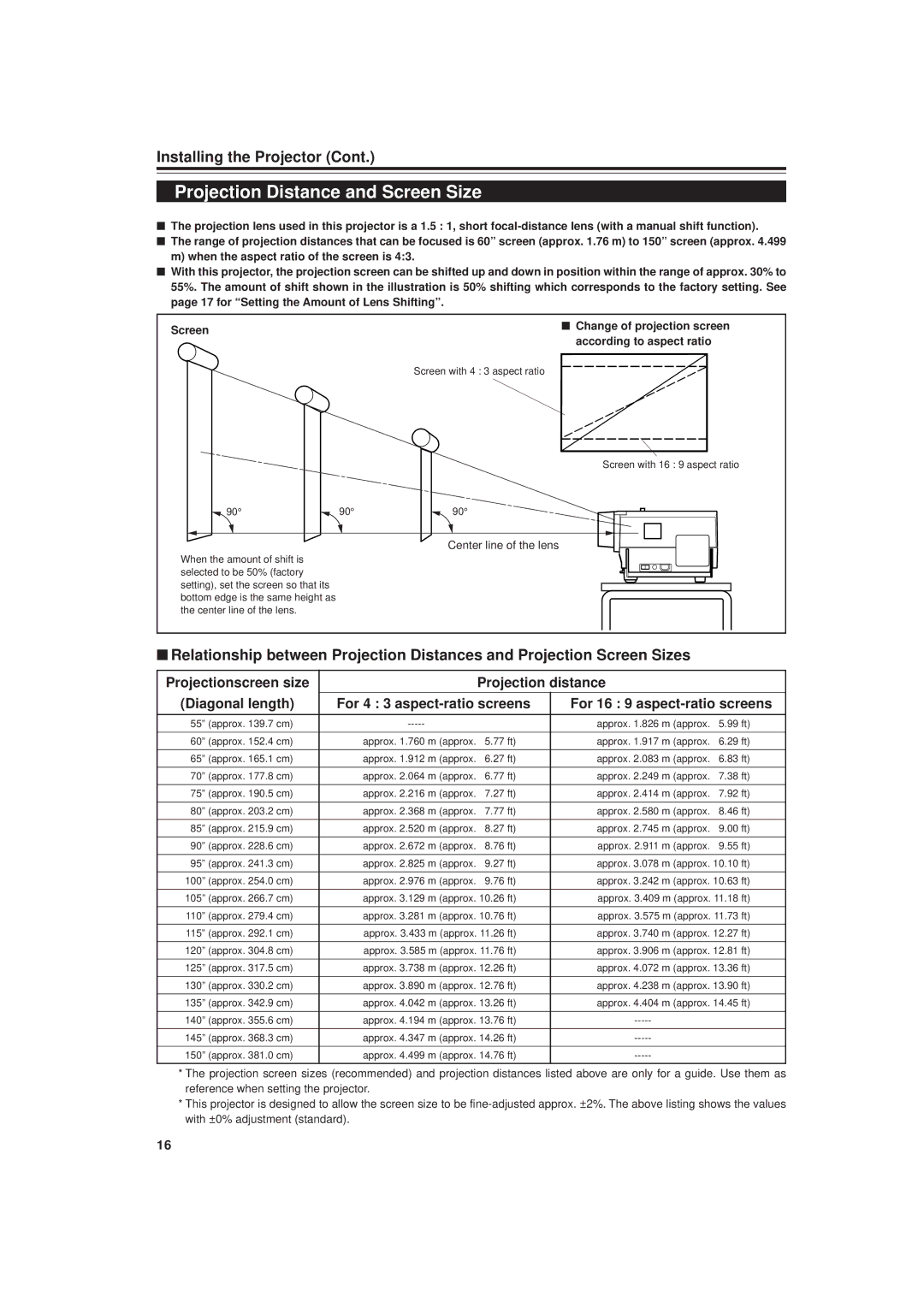 JVC DLA-M20U manual Projection Distance and Screen Size, Center line of the lens, Screen with 4 3 aspect ratio 