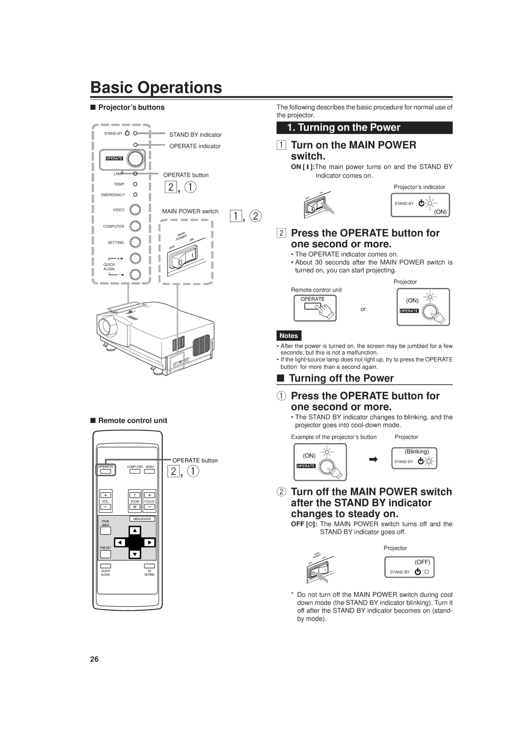 JVC DLA-M20U manual Basic Operations, Turning on the Power, Turn on the Main Power switch, Changes to steady on 