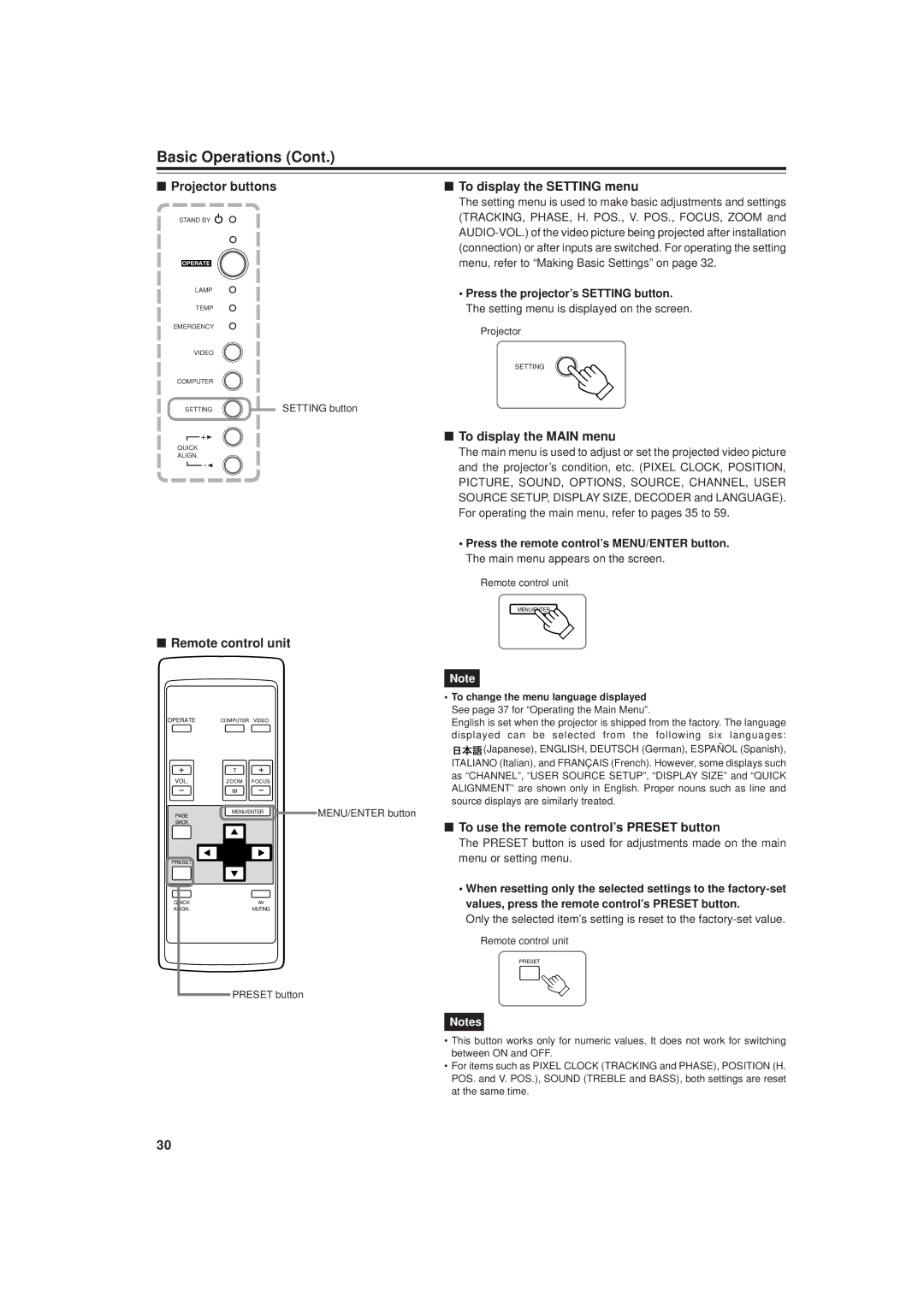 JVC DLA-M20U manual Projector buttons, To display the Setting menu, To display the Main menu, Setting button 