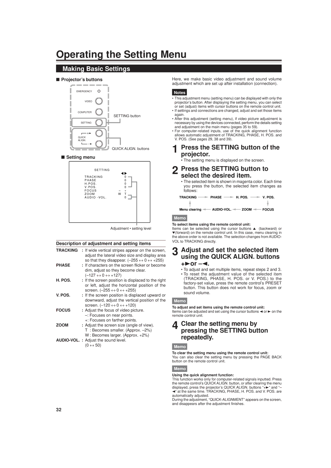 JVC DLA-M20U manual Operating the Setting Menu, Making Basic Settings, Press the Setting button of the projector 