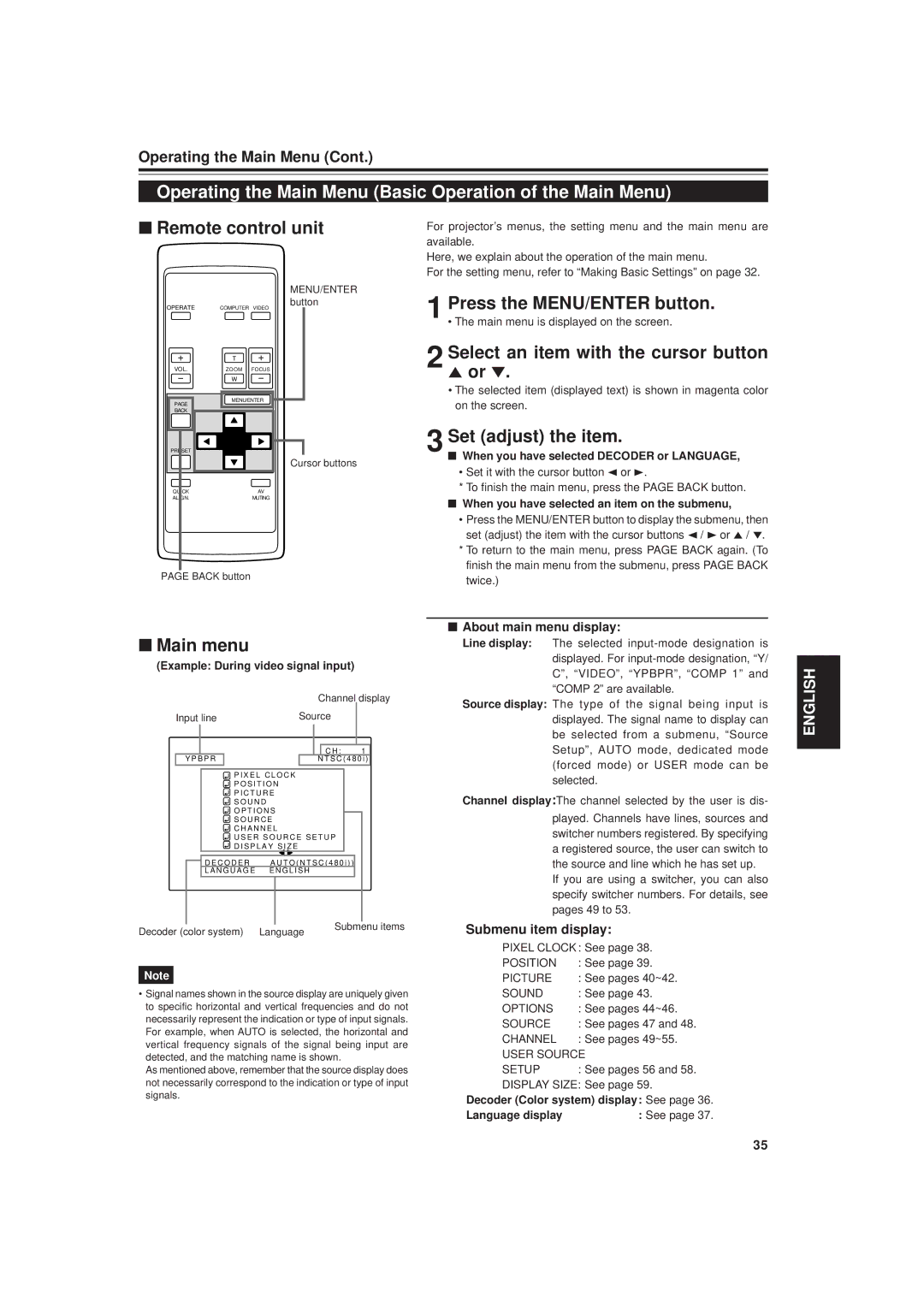 JVC DLA-M20U manual Operating the Main Menu Basic Operation of the Main Menu 