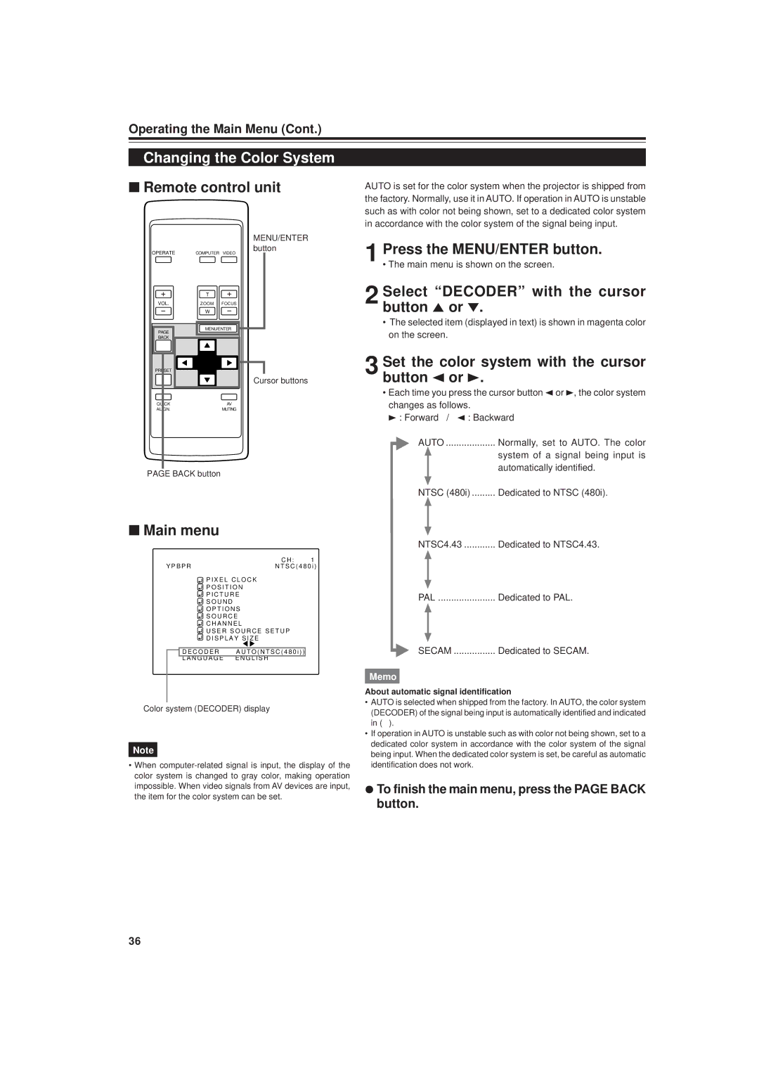 JVC DLA-M20U manual Changing the Color System, Select Decoder with the cursor button 5 or 