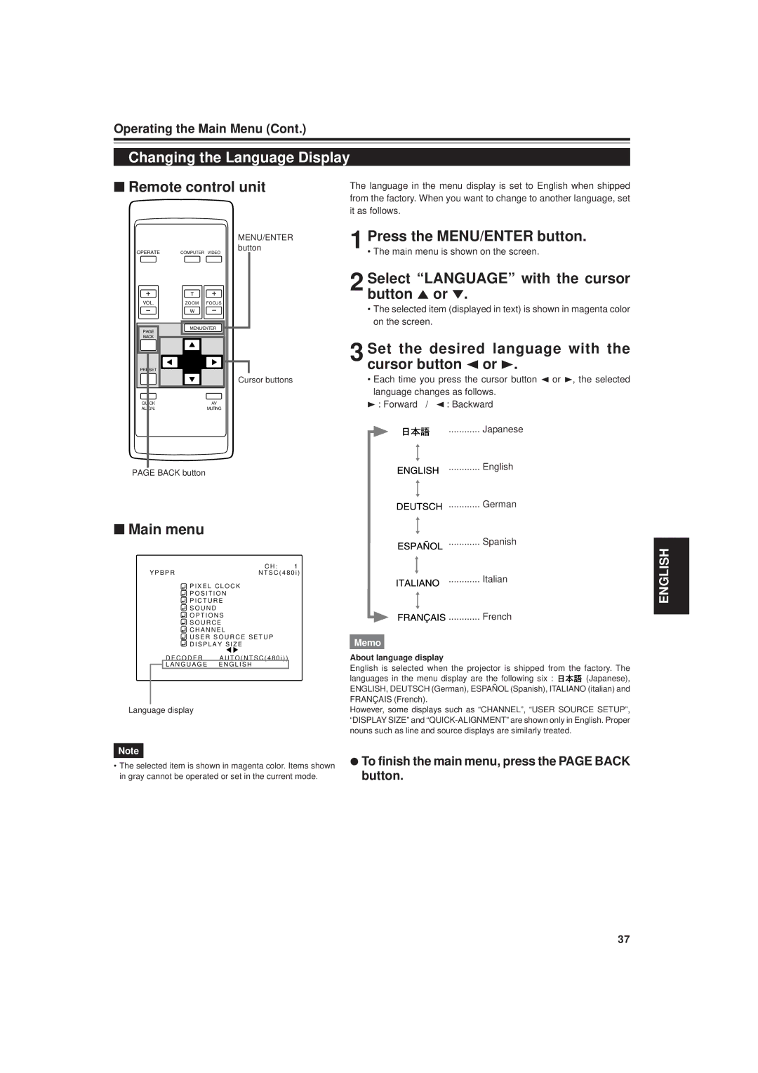 JVC DLA-M20U manual Changing the Language Display, Select Language with the cursor button 5 or, Button 