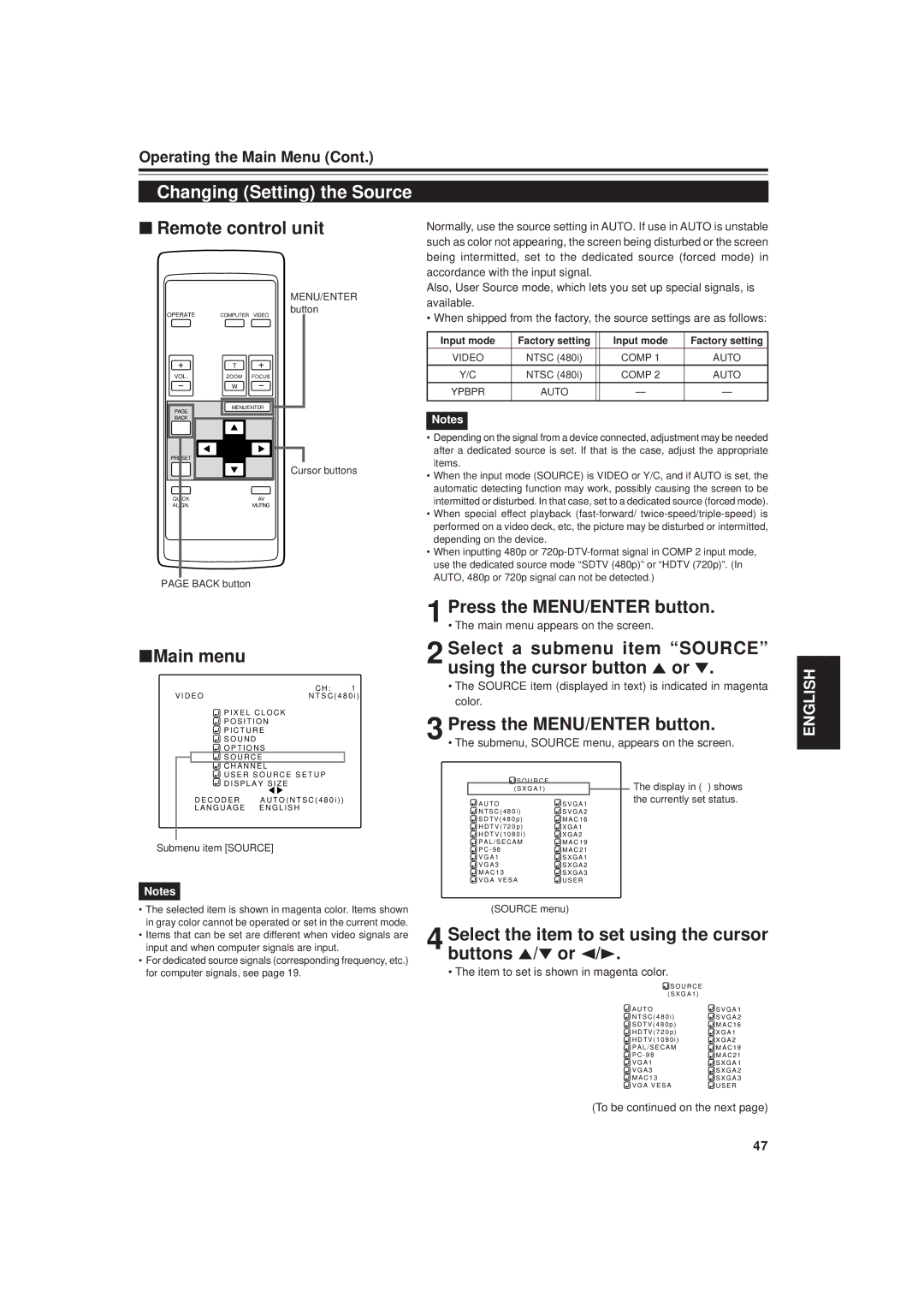 JVC DLA-M20U manual Changing Setting the Source, Select a submenu item Source using the cursor button 5 or 