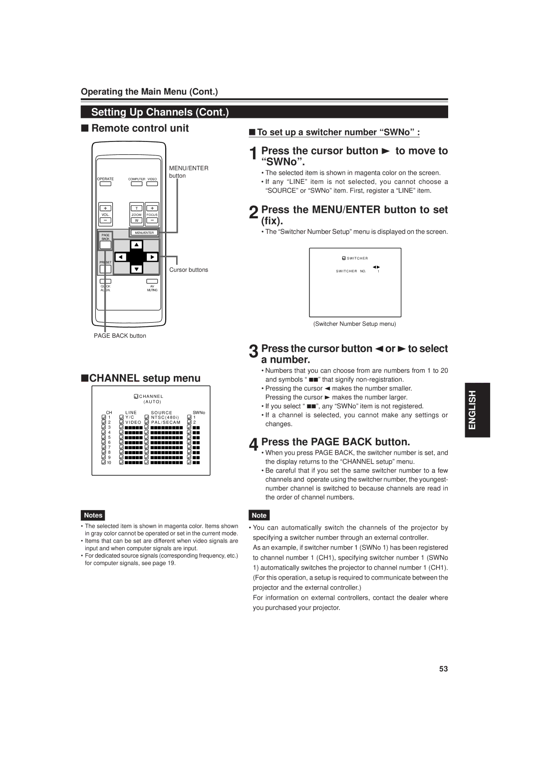 JVC DLA-M20U manual SWNo, Press the cursor button 2or 3to select a number, Press the page Back button 