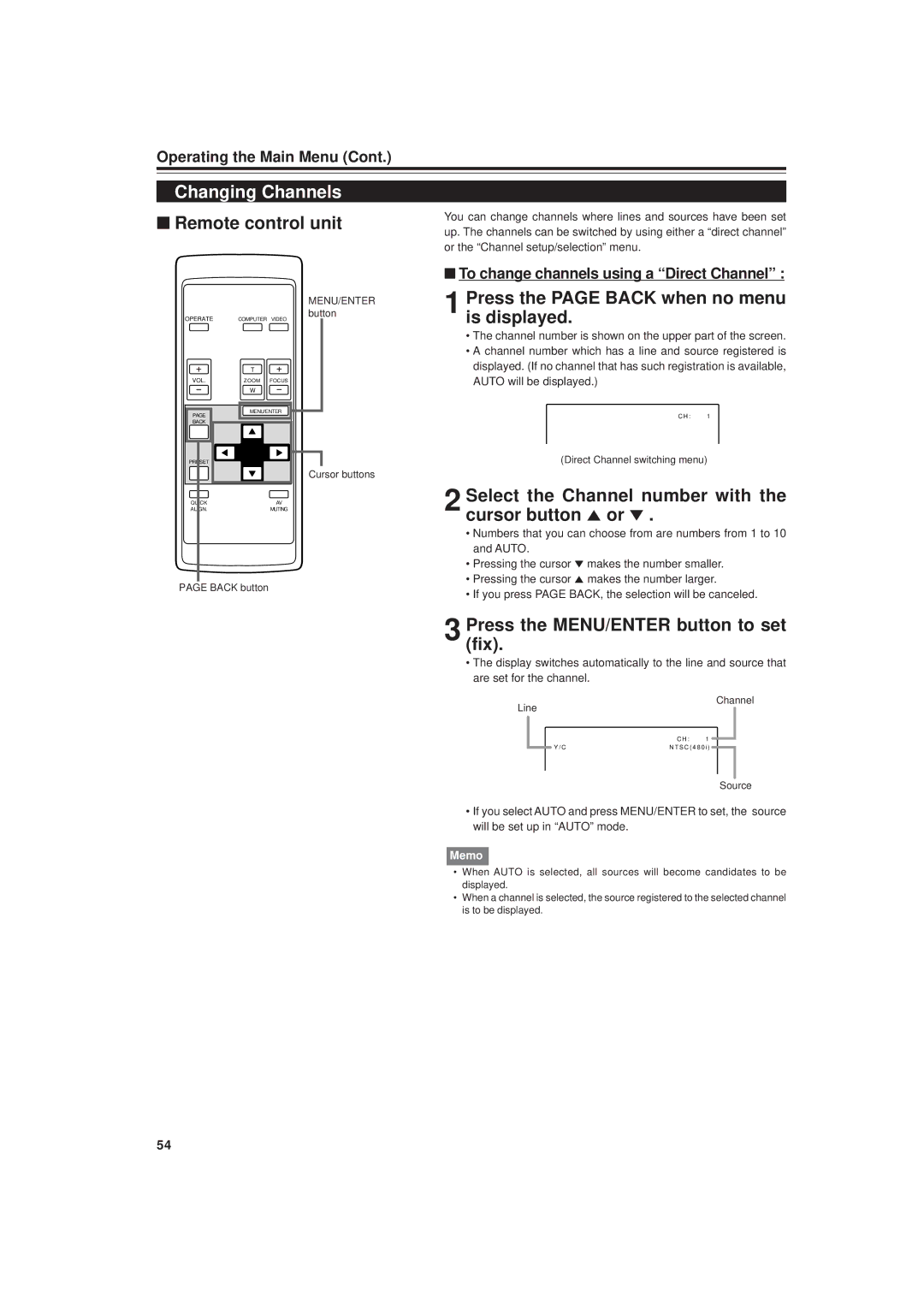 JVC DLA-M20U Changing Channels, Press the page Back when no menu is displayed, To change channels using a Direct Channel 