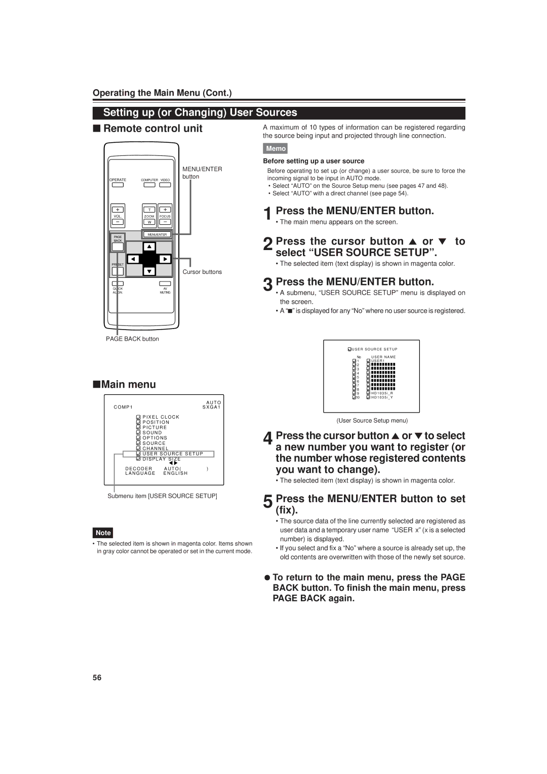 JVC DLA-M20U manual Setting up or Changing User Sources, Press the cursor button 5 or to select User Source Setup 