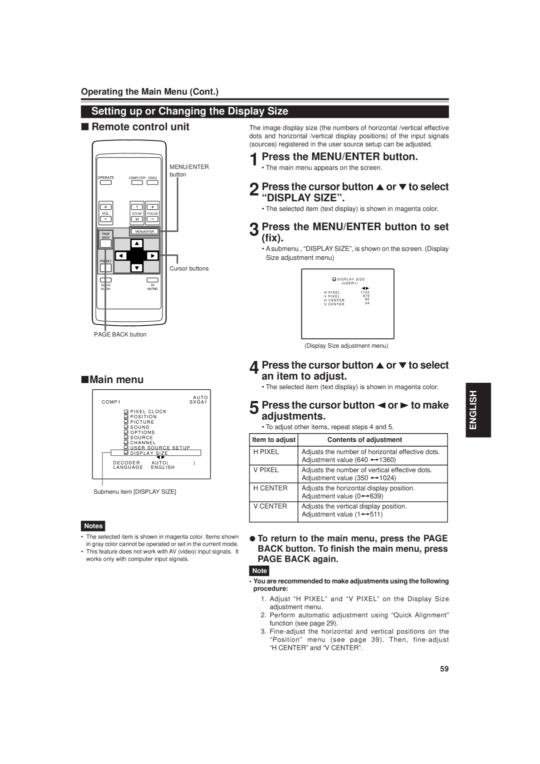 JVC DLA-M20U manual Setting up or Changing the Display Size, Press the cursor button 5or to select Display Size 