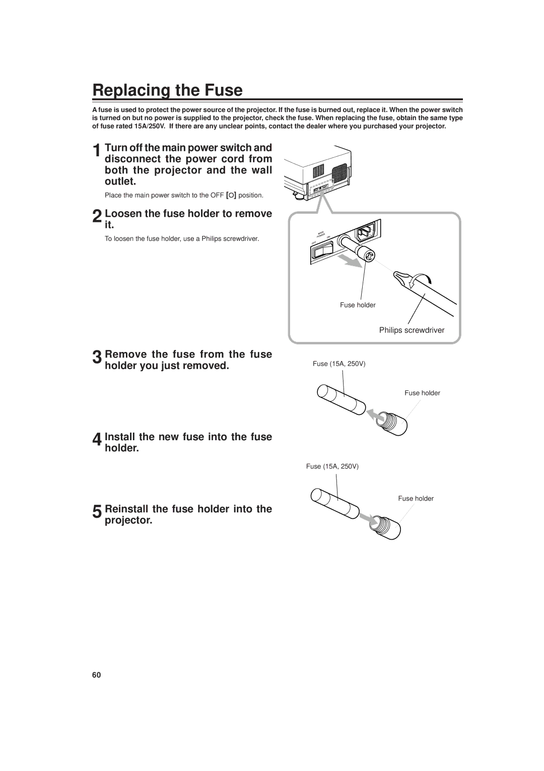 JVC DLA-M20U Replacing the Fuse, Loosenit. the fuse holder to remove, Place the main power switch to the OFF à position 