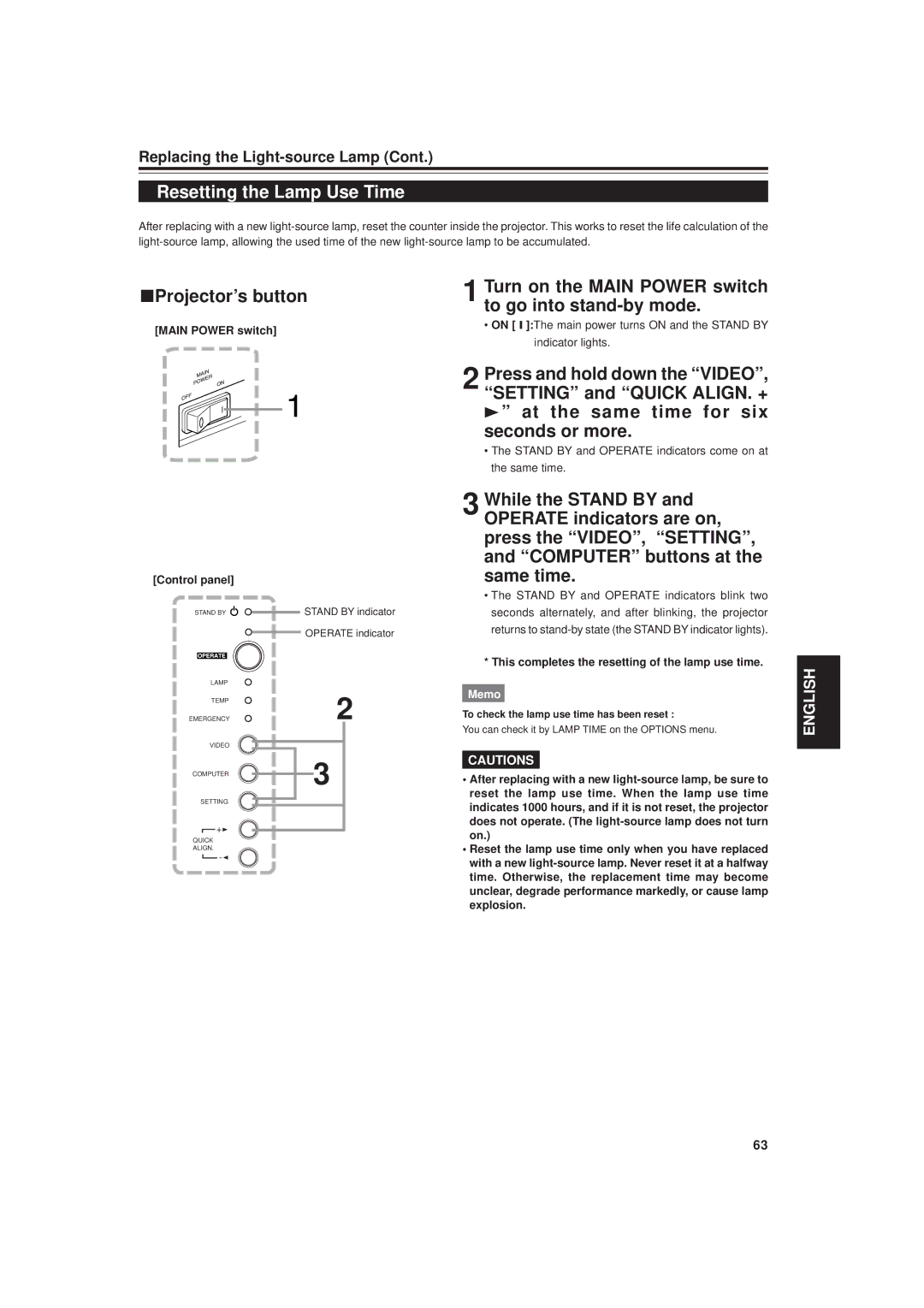 JVC DLA-M20U manual Resetting the Lamp Use Time, Projector’s button, Turn on the Main Power switch to go into stand-by mode 