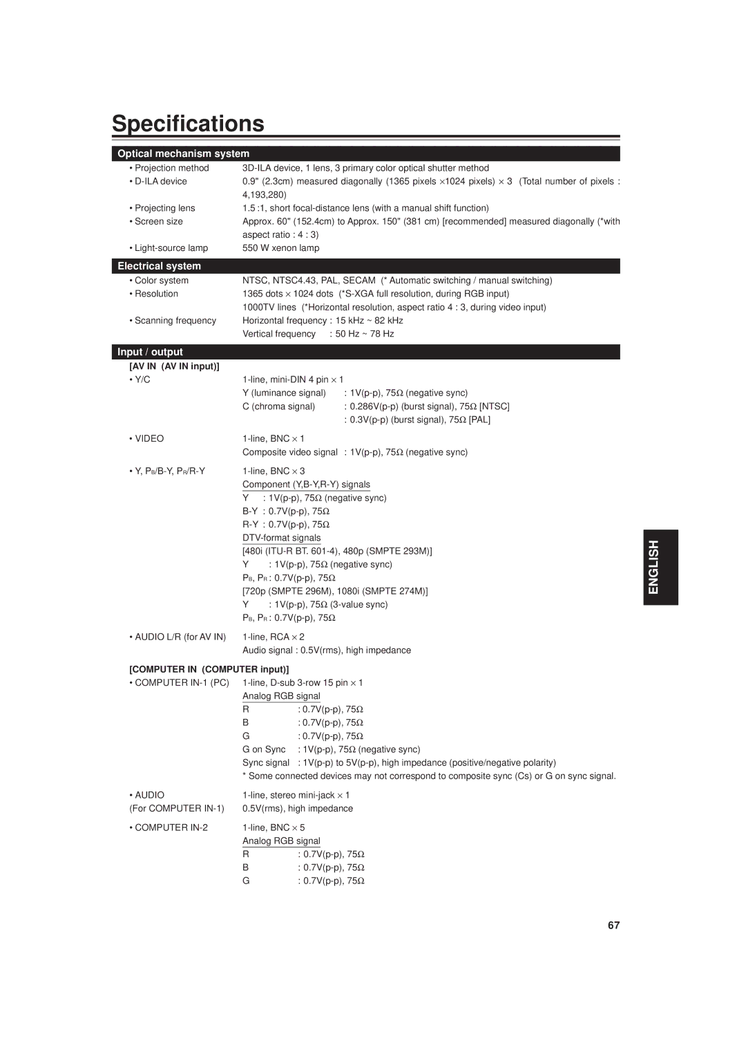 JVC DLA-M20U manual Specifications, AV in AV in input, Computer in Computer input 