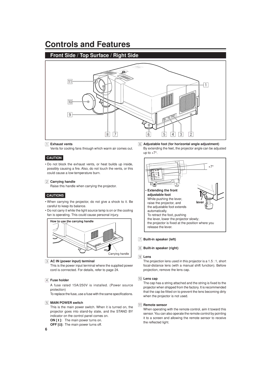 JVC DLA-M20U manual Controls and Features, Front Side / Top Surface / Right Side 