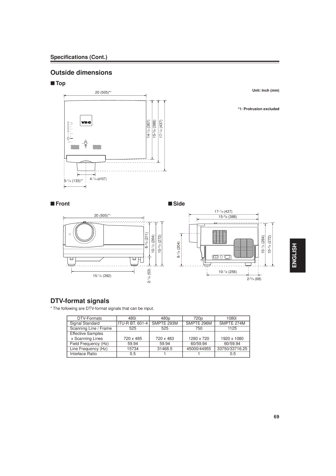 JVC DLA-M20U manual Outside dimensions, DTV-format signals, Top, Front, Side 