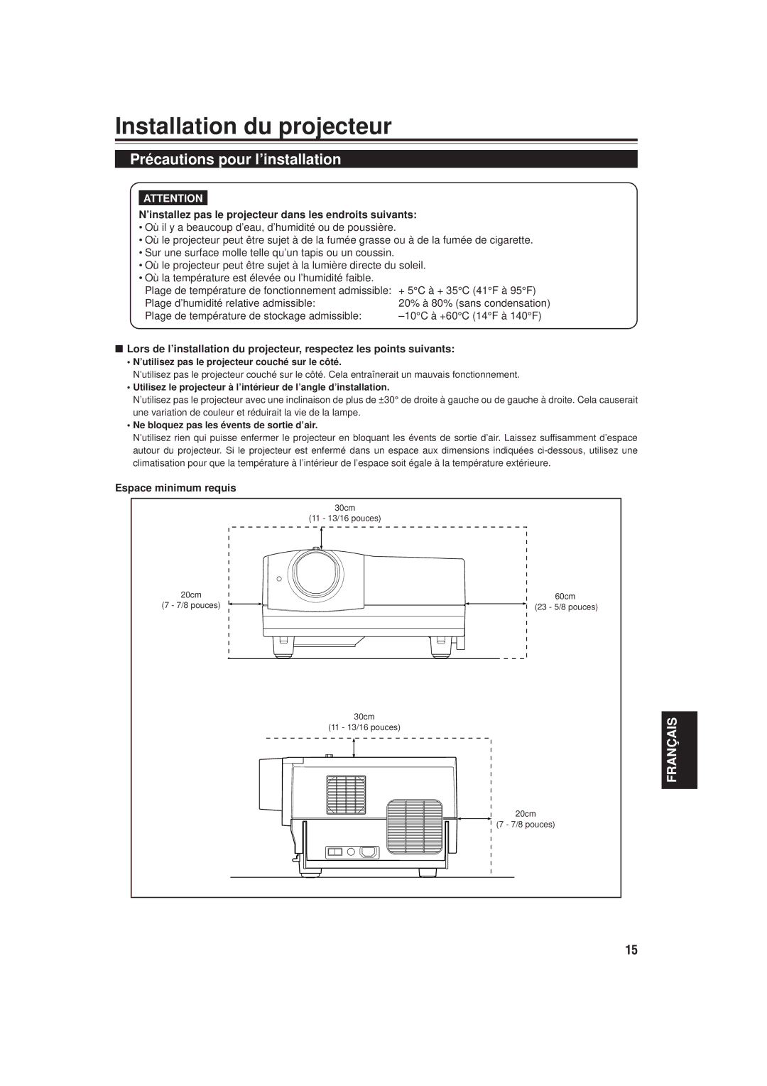 JVC DLA-M20U manual Installation du projecteur, Précautions pour l’installation, Espace minimum requis 