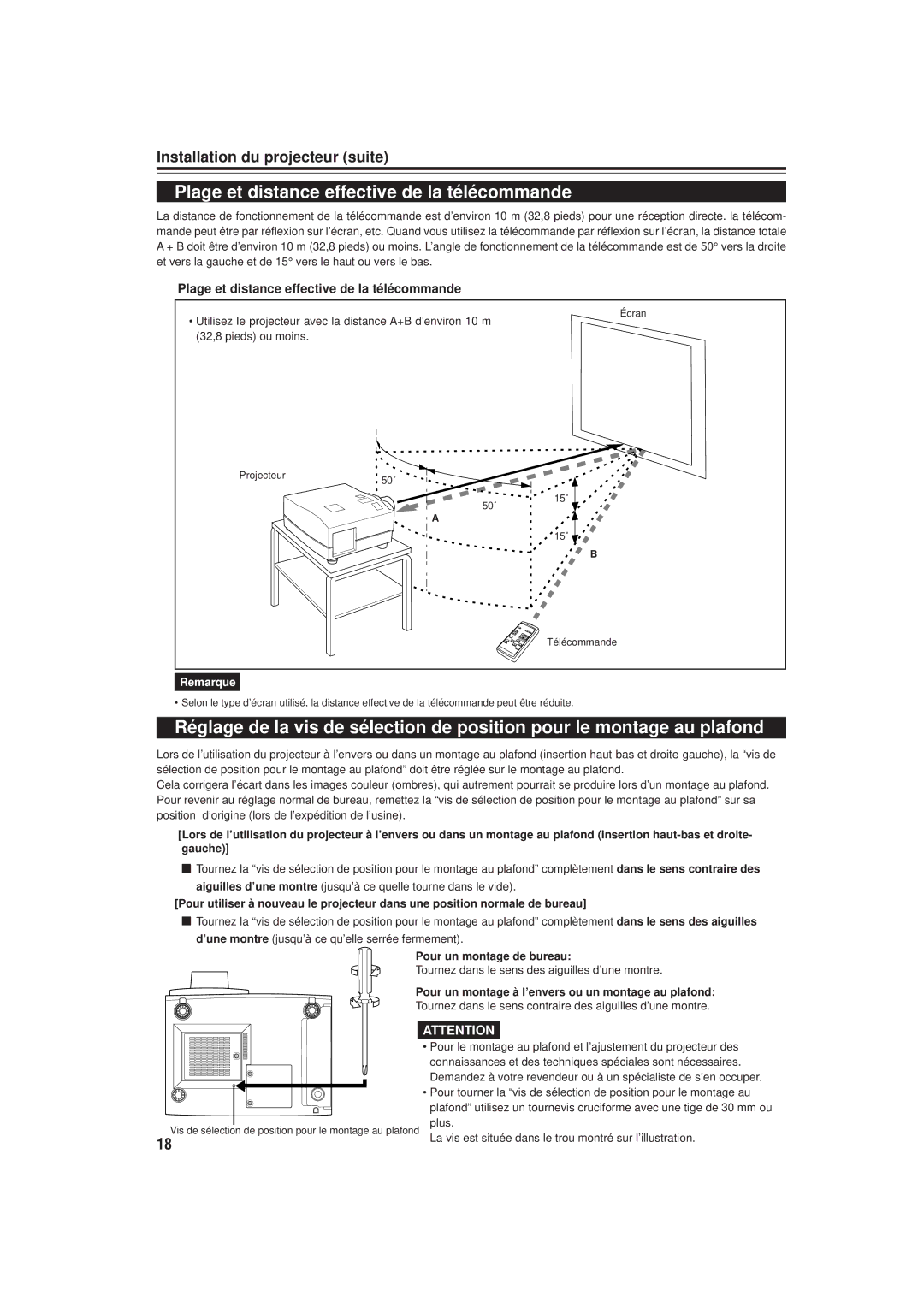 JVC DLA-M20U manual Plage et distance effective de la télécommande, Pour un montage de bureau 