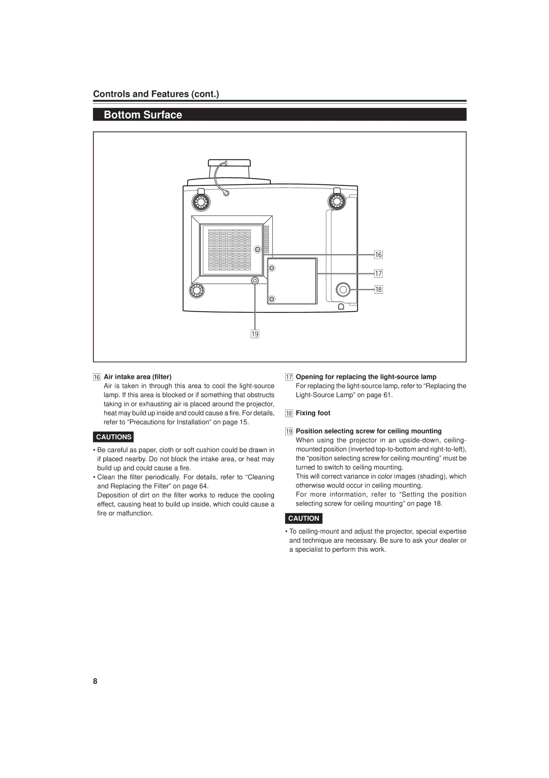 JVC DLA-M20U manual Bottom Surface, Air intake area filter, Opening for replacing the light-source lamp 