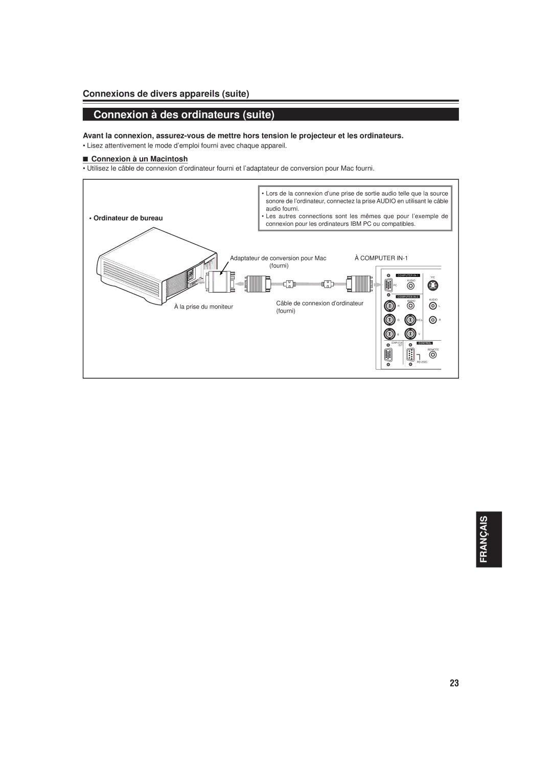 JVC DLA-M20U manual Connexion à des ordinateurs suite, Connexion à un Macintosh, Câble de connexion d’ordinateur 