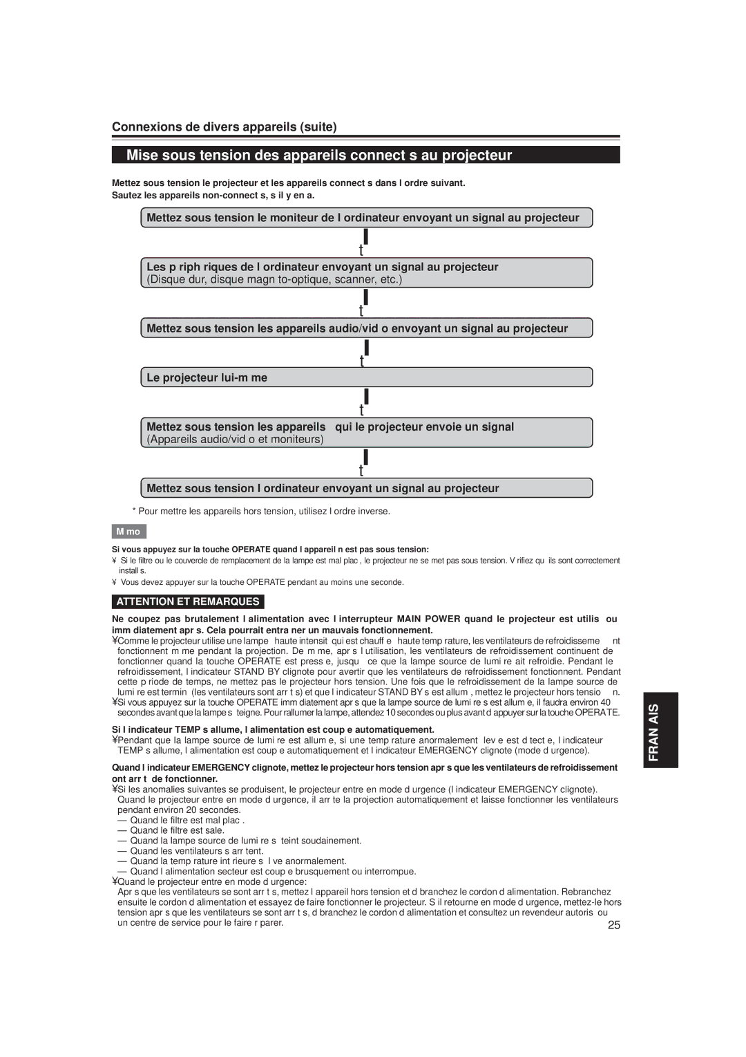 JVC DLA-M20U manual Mise sous tension des appareils connectés au projecteur, Un centre de service pour le faire réparer 