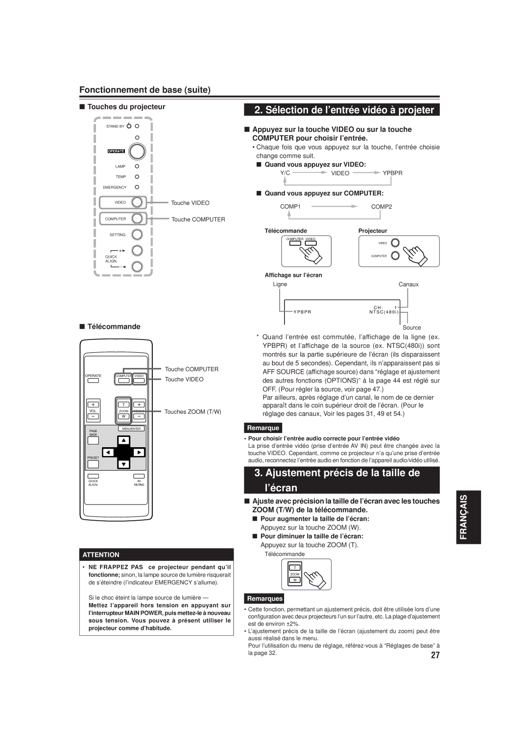 JVC DLA-M20U manual Ajustement précis de la taille de, ’écran, Fonctionnement de base suite 