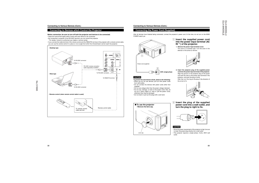 JVC DLA-M4000LU Connecting to Devices which Control the Projector, Connecting the Power Cord Supplied 