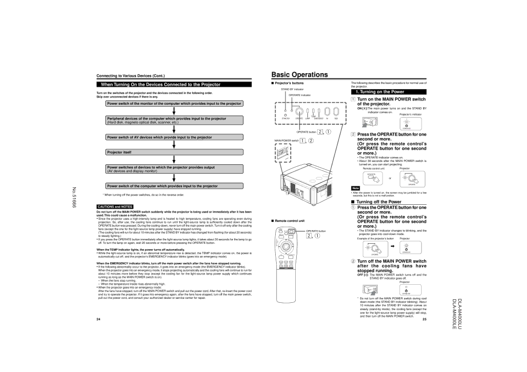 JVC DLA-M4000LU Basic Operations, When Turning On the Devices Connected to the Projector, Turning on the Power 