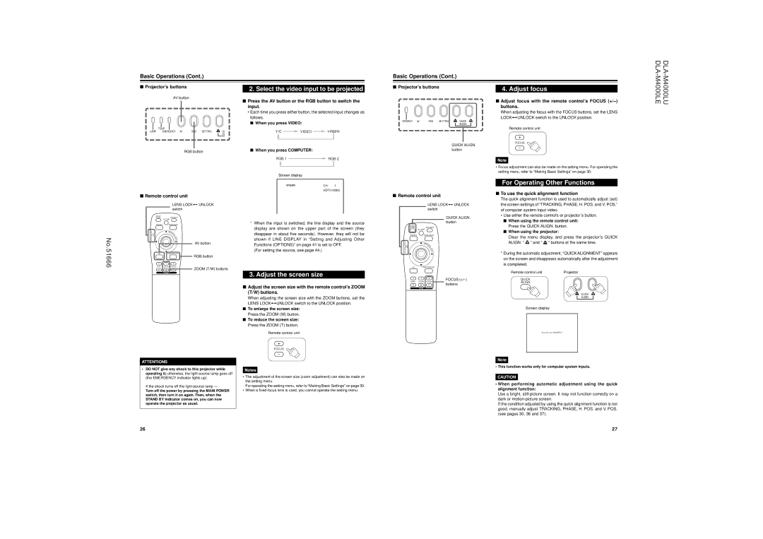 JVC DLA-M4000LU Adjust the screen size, Adjust focus, For Operating Other Functions, Basic Operations 