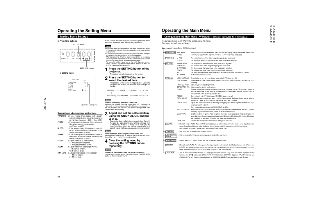 JVC DLA-M4000LU operating instructions Operating the Setting Menu Operating the Main Menu, Making Basic Settings 