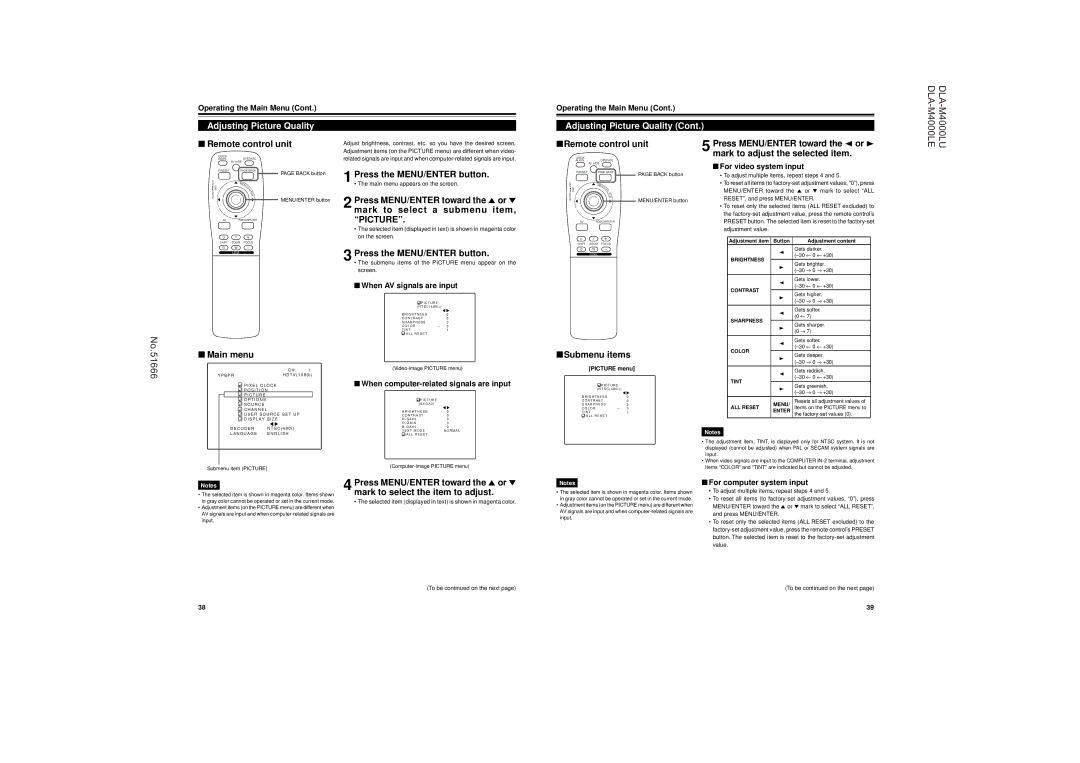 JVC DLA-M4000LU operating instructions Adjusting Picture Quality, Submenu items 