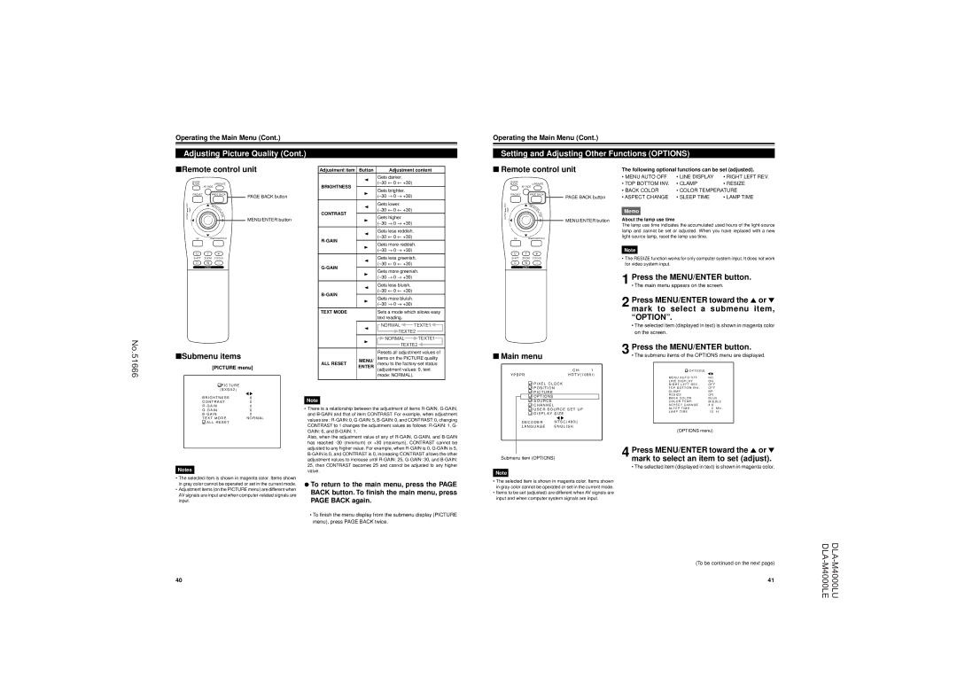 JVC DLA-M4000LU Setting and Adjusting Other Functions Options, Following optional functions can be set adjusted 