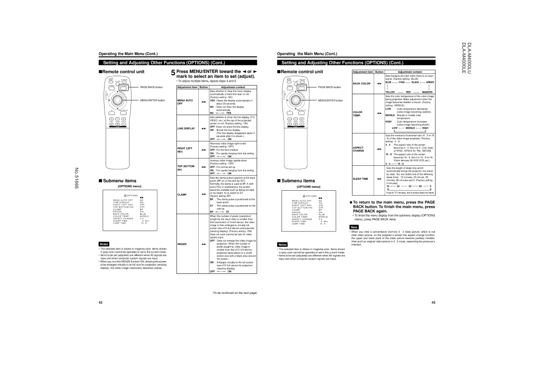 JVC DLA-M4000LU Options menu, Adjustment item Button, Display, the video image resolution becomes coarse 