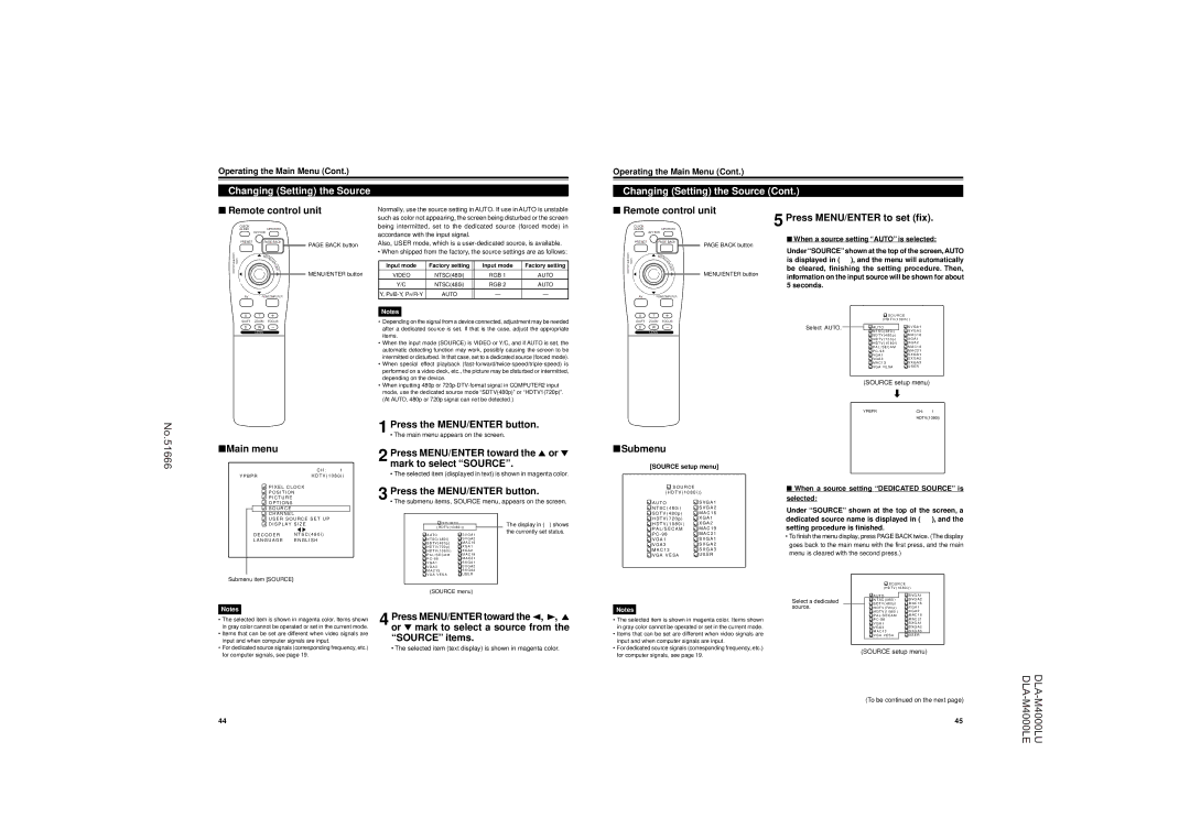 JVC DLA-M4000LU Changing Setting the Source, Press MENU/ENTER to set fix, Press the MENU/ENTER button Submenu 