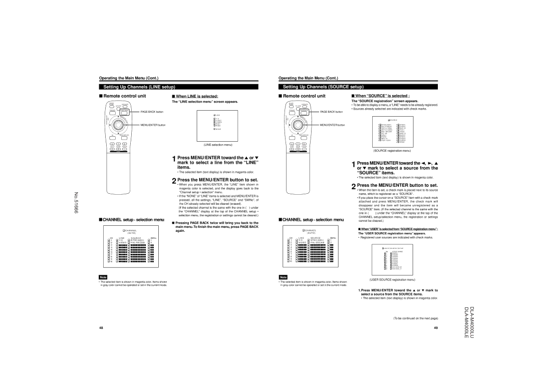 JVC DLA-M4000LU Setting Up Channels Line setup, Setting Up Channels Source setup, Channel setup selection menu 