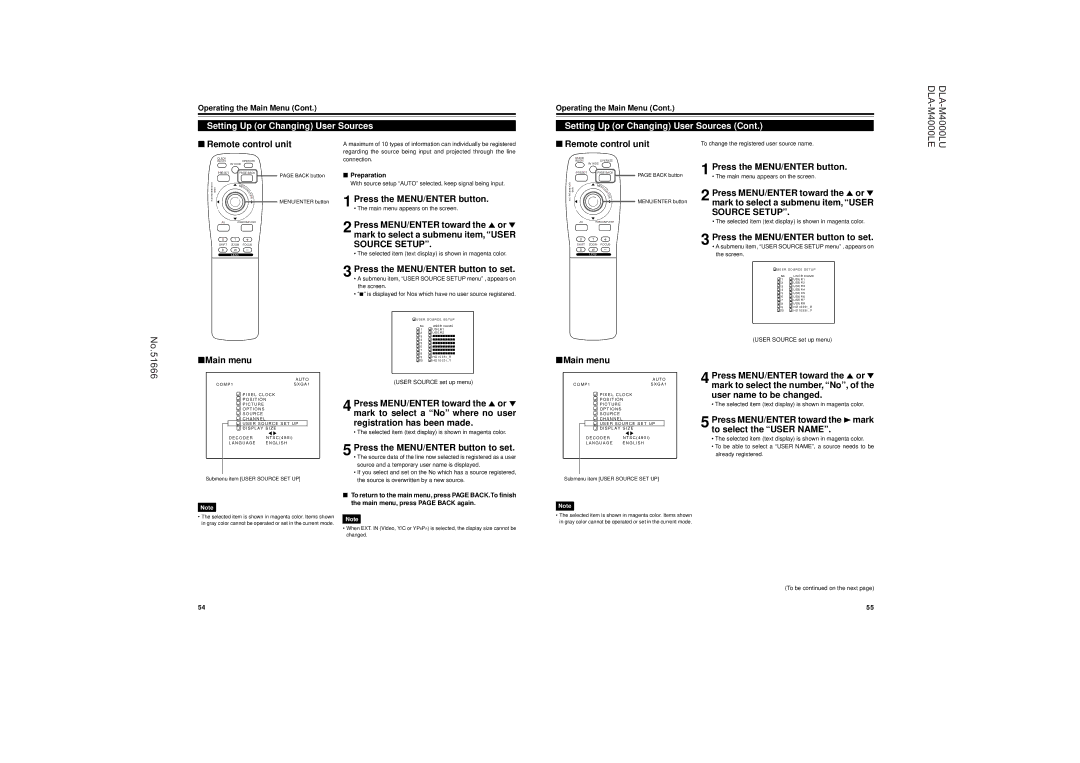 JVC DLA-M4000LU operating instructions Setting Up or Changing User Sources 