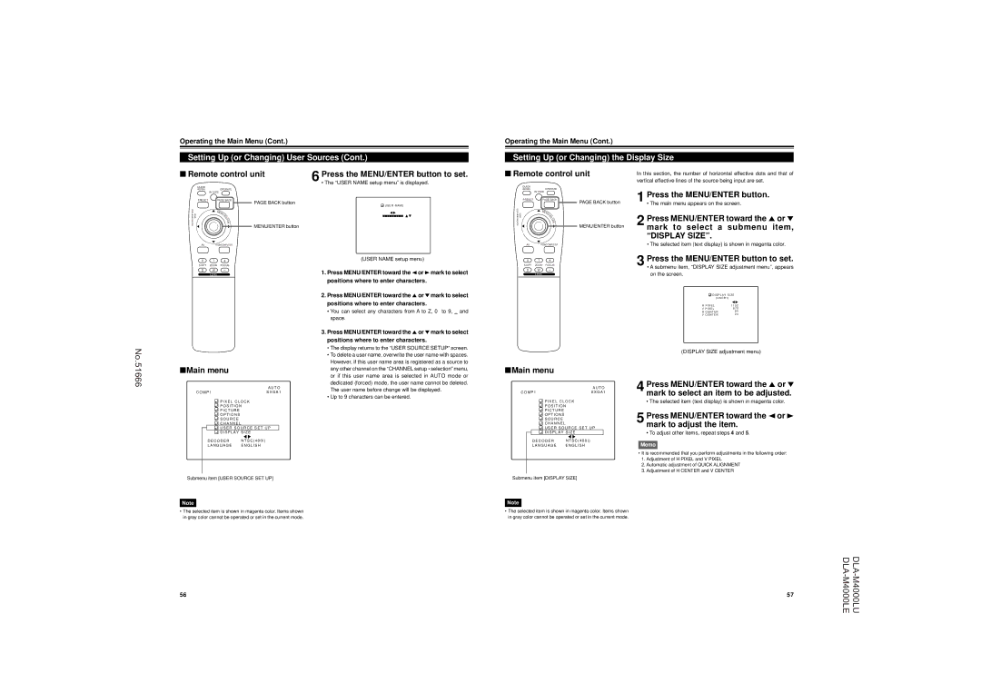 JVC DLA-M4000LU Remote control unit Press the MENU/ENTER button to set, Setting Up or Changing the Display Size 