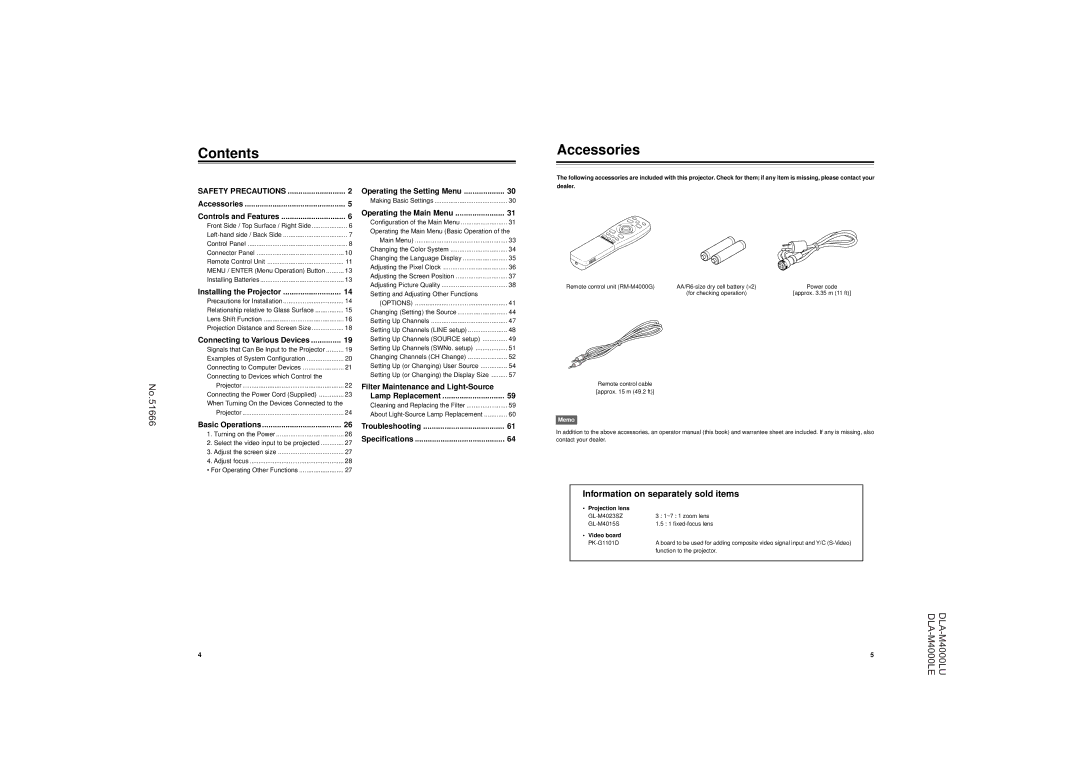 JVC DLA-M4000LU operating instructions Contents Accessories 