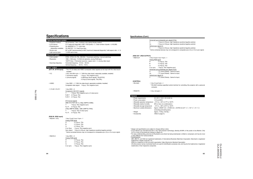 JVC DLA-M4000LU operating instructions Specifications, EXT. in AV in input, RGB in RGB input 