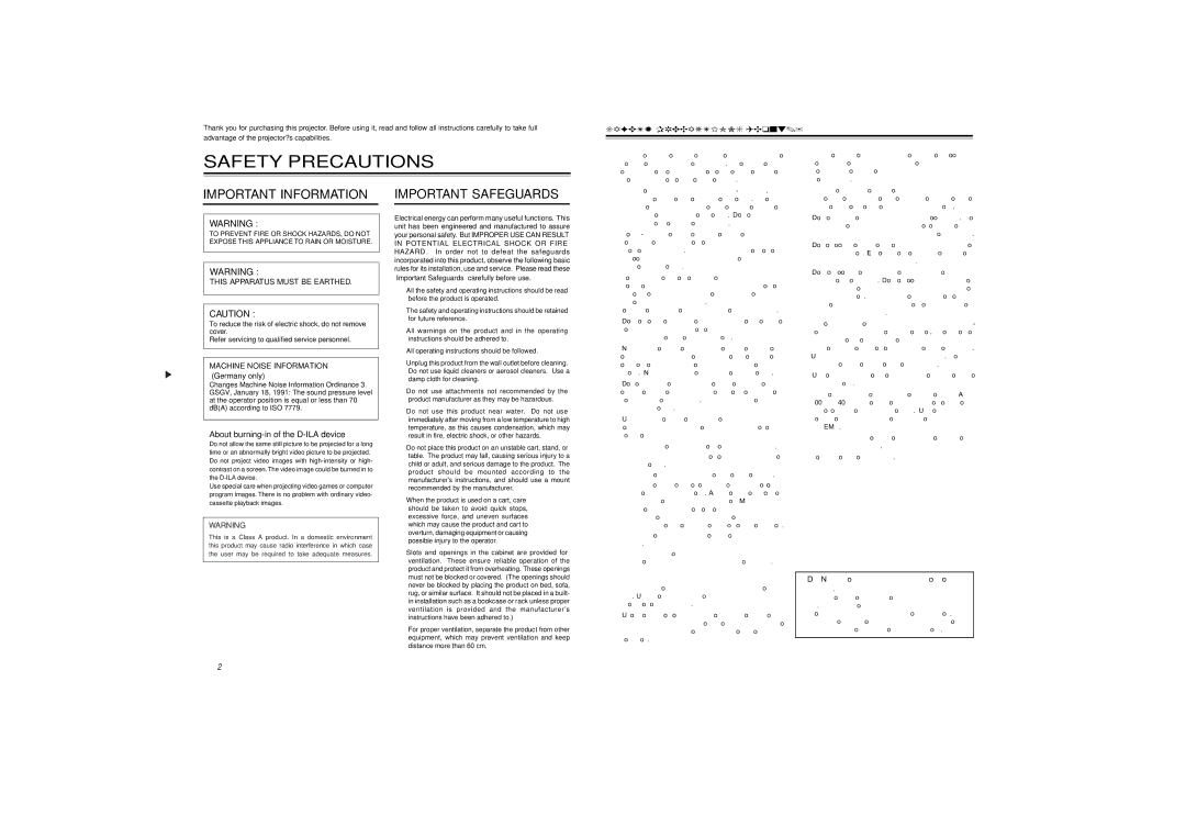 JVC DLA-M4000LU operating instructions Important Information, Improper adjustment of controls may result in damage 