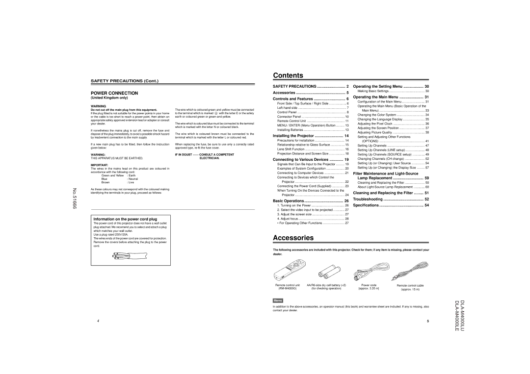 JVC DLA-M4000LU operating instructions Contents, Accessories 