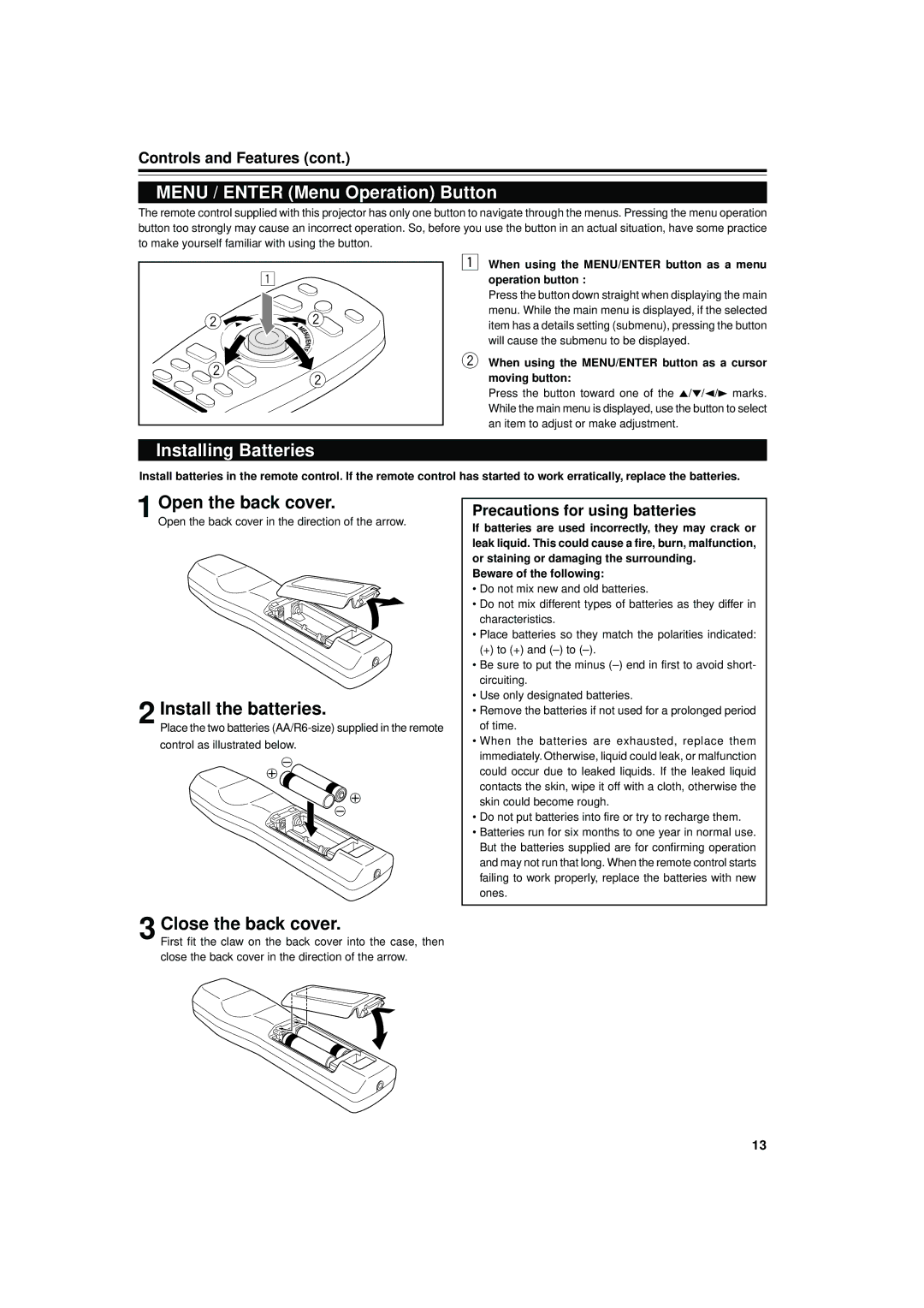 JVC DLA-M4000LU manual Menu / Enter Menu Operation Button, Installing Batteries, Open the back cover, Install the batteries 